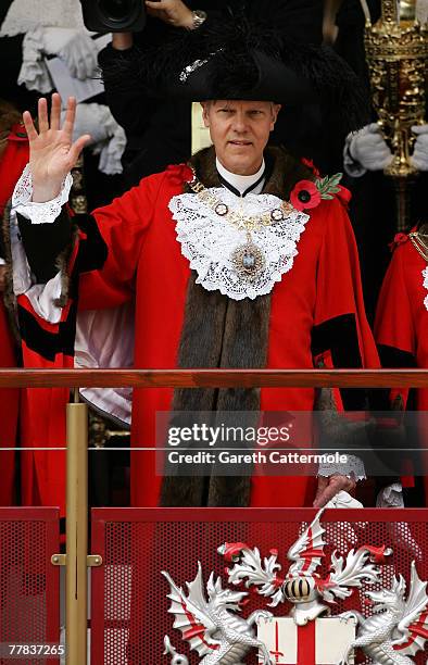 The Lord Mayor David Lewis waves from the stand during The Lord Mayor's Show on November 10, 2007 in London. The traditional yearly procession is 3...