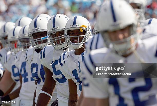 Craphonso Thorpe of the Indianapolis Colts looks down the line before the game against the Carolina Panthers at Bank of America Stadium on October...