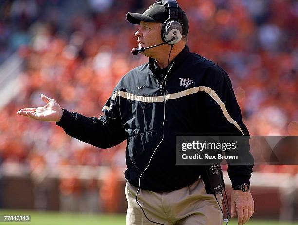 Head coach Jim Grobe of the Wake Forest Deamon Deacons reacts to a call during the first half against the Clemson Tigers at Memorial Stadium November...