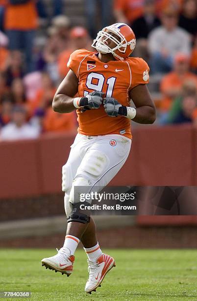 Rashaad Jackson of the Clemson Tigers reacts after a defensive stop against the Wake Forest Deamon Deacons at Memorial Stadium November 10, 2007 in...