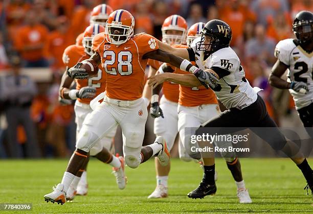 Spiller of the Clemson Tigers breaks free on this 89 yard kick off return for a touchdown during the second half against the Wake Forest Deamon...