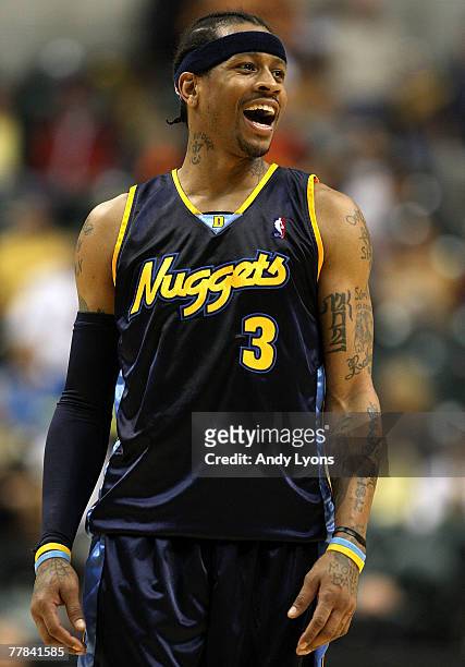 Allen Iverson of the Denver Nuggets celebrates in the final minute of the NBA game against the Indiana Pacers at Conseco Fieldhouse November 10, 2007...