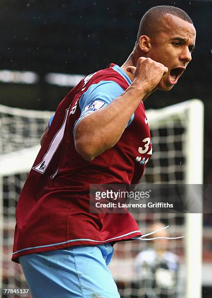 Gabriel Agbonlahor of Aston Villa celebrates the winning goal during the Barclays Premier League match between Birmingham City and Aston Villa at St...