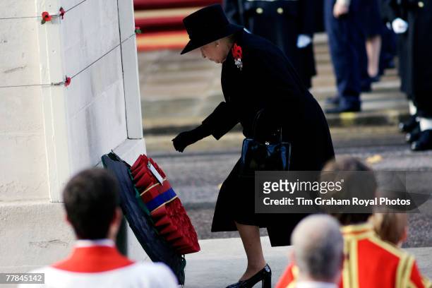 Queen Elizabeth II lays a wreath at the Cenotaph in Whitehall on Remembrance Sunday to commemorate the war dead on November 11, 2007 in London,...