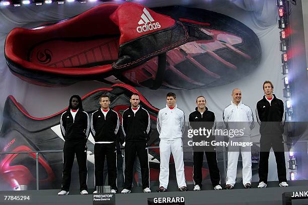 Adidas players led by Steven Gerrard pose for pictures during the adidas Predator Launch event at Place Du Trocadero on November 11, 2007 in Paris,...