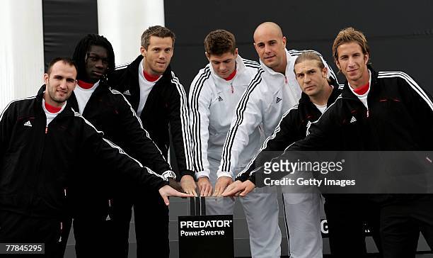 Adidas players led by Steven Gerrard pose for pictures during the adidas Predator Launch event at Place Du Trocadero on November 11, 2007 in Paris,...