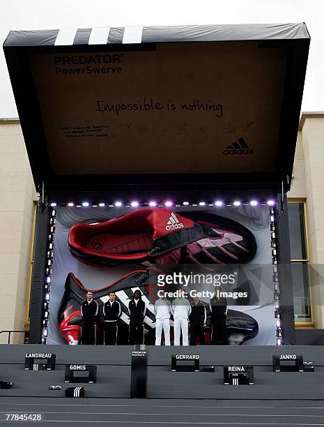 Steven Gerrard and adidas players pose for pictures during the adidas Predator Launch event at Place Du Trocadero on November 11, 2007 in Paris,...