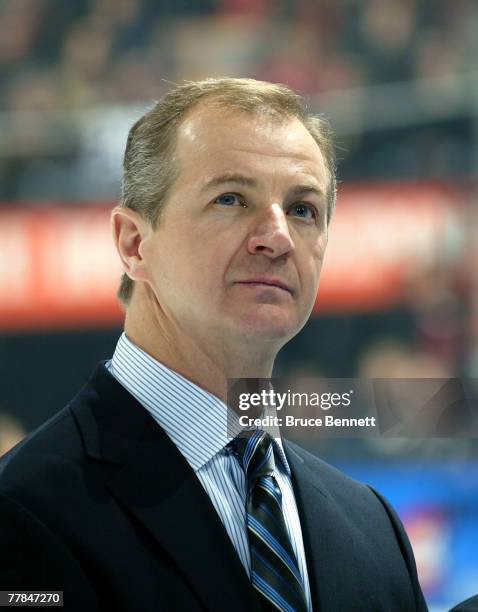 Al MacInnis who will be inducted into the Hockey Hall of Fame during pre game ceremonies at the Legends Classic Game on November 11, 2007 at the Air...