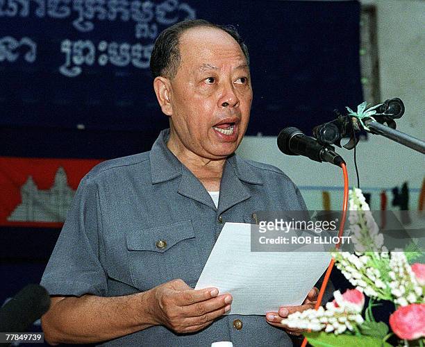 This file photo dated 15 August, 1999 shows Pol Pot's former number-three Ieng Sary giving a speech at an annual congress ceremony in Pailin. Former...