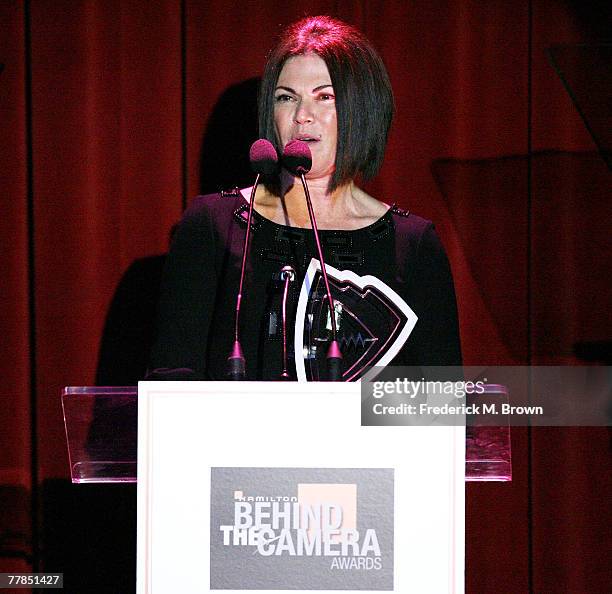 Costume Designer Colleen Atwood speaks during the Fifth Annual Hamilton and Hollywood Life's Behind the Camera Awards at the Highlands on November...