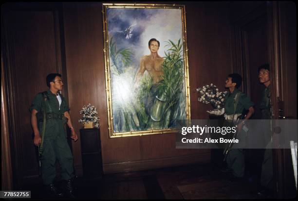 Large portrait of ex-President Ferdinand Marcos of the Philippines hanging in his former home at Malacanang Palace, Manila, 3rd March 1986. Marcos...