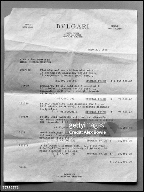 An invoice from the Bulgari boutique in New York, dated 20th July 1978, detailing jewellery purchases totalling 1.431 million US dollars, made on...