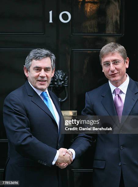 British Prime Minister Gordon Brown shakes hands with Hungarian Prime Minister Ferenc Gyurcsany in front of his 10 Downing Street residence on...