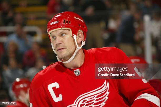 Nicklas Lidstrom of Detroit Red Wings looks on during the NHL game against the San Jose Sharks at the Joe Louis Arena on October 26, 2007 in Detroit,...