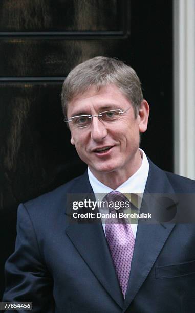 Hungarian Prime Minister Ferenc Gyurcsany poses for a photograph in front of the 10 Downing St residence of the British Prime Minister on November...