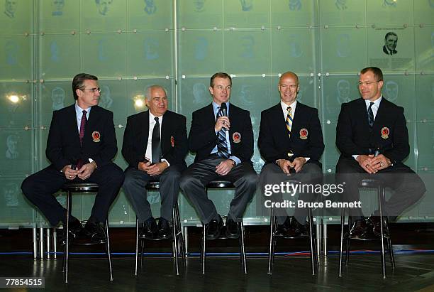 Ron Francis, Jim Gregory, Al MacInnis, Mark Messier and Scott Stevens answer media questions at the Hockey Hall of Fame press conference and photo...