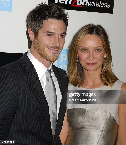 Actor Dave Annable and actress Calista Flockhart attend the Peace Over Violence 36th annual humanitarian awards dinner held at the Beverly Hills...