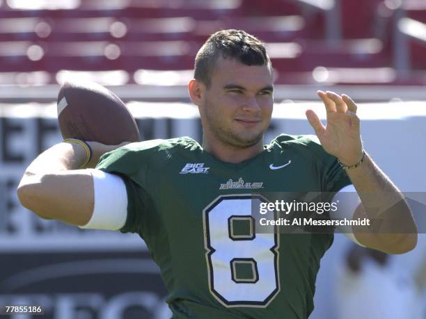 Quarterback Matt Grothe of the University of South Florida Bulls warms up for play against the Cincinnati Bearcats at Raymond James Stadium on...