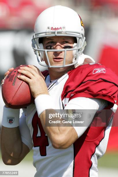Quarterback Tim Hasselbeck of the Arizona Cardinals warms up before a game against the Tampa Bay Buccaneers at Raymond James Stadium on November 4th,...