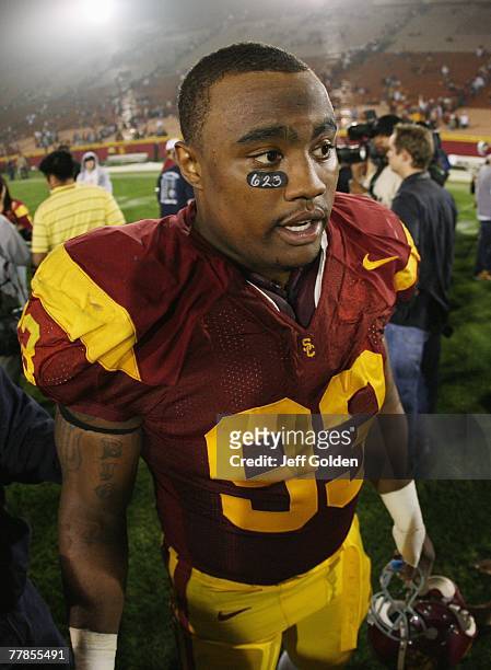 Everson Griffen of the USC Trojans walks off the field after the college football game against the Oregon State Beavers on November 3, 2007 at the...