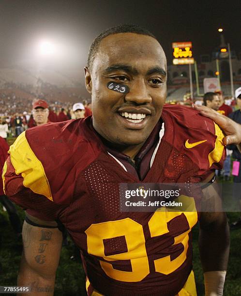 Everson Griffen of the USC Trojans smiles as he walks off the field after the college football game against the Oregon State Beavers on November 3,...