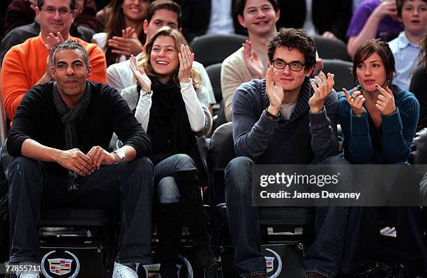 Music producer Christopher Ivery, actress Ellen Pompeo, musician John Mayer and actress Minka Kelly attend NY Knicks vs Miami Heat game at Madison...