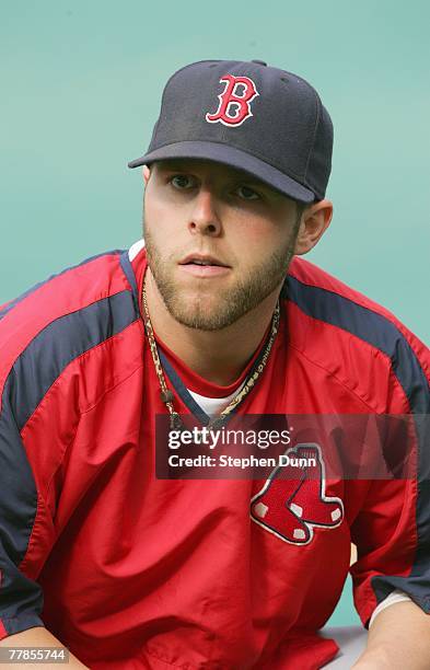 Dustin Pedroia of the Boston Red Sox looks on during practice before the game against the San Diego Padres on June 22, 2007 at Petco Park in San...