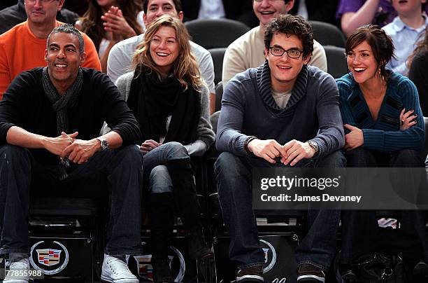 Music producer Christopher Ivery, actress Ellen Pompeo, musician John Mayer and actress Minka Kelly attend NY Knicks vs Miami Heat game at Madison...