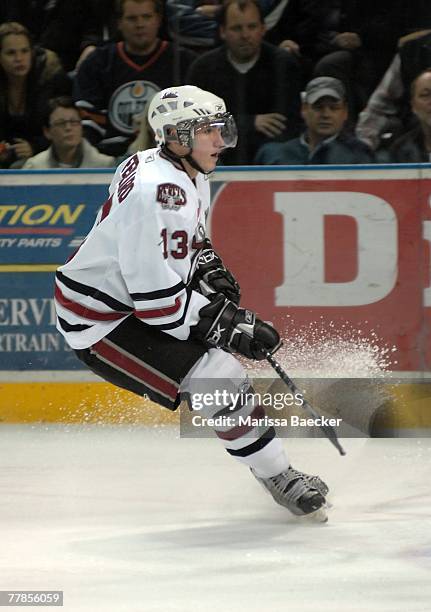 Landon Ferraro of the Red Deer Rebels skates against the Kelowna Rockets on November 7, 2007 at Prospera Place in Kelowna, Canada. Landon is the son...