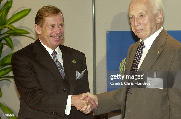 Czech Republic President Vaclav Havel, left, shakes hands with Hungary president Ferenc Madl after their meeting September 6, 2000 at the United...