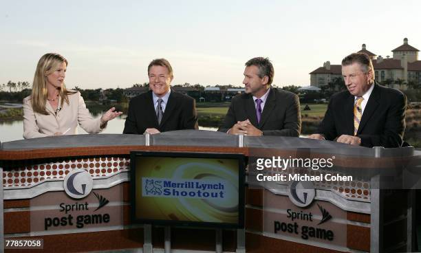 Kelly Tilghman with Mark Lye, Frank Nobilo and Peter Oosterhuis of The Golf Channel during the first round of the Merrill Lynch Shootout at the...