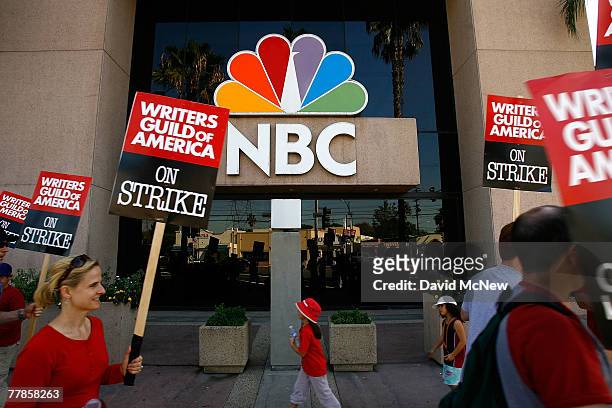 Hollywood writers walk the picket line outside of NBC Studios and The Tonight Show Studio, where the late-night show hosted by Jay Leno has not taped...
