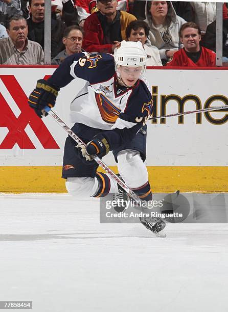 Tobias Enstrom of the Atlanta Thrashers passes the puck against the Ottawa Senators at Scotiabank Place on November 1, 2007 in Ottawa, Ontario.