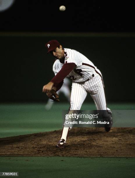 Steve Carlton of the Philadelphia Phillies pitching to the Baltimore Orioles during Game 3 of the 1983 World Series on October 14, 1983 in...