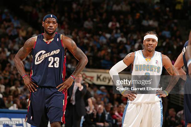 Allen Iverson of the Denver Nuggets and LeBron James of the Cleveland Cavaliers stand together during the game on November 12, 2007 at the Pepsi...