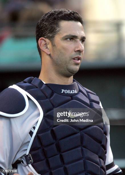 Yankees catcher Jorge Posada in the dugout during the New York Yankees 7-3 defeat of the San Francisco Giants at AT&T Park June 22, 2007 in San...