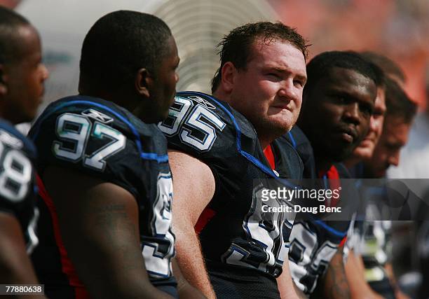 Defensive tackle Kyle Williams of the Buffalo Bills sits on the bench while taking on the Miami Dolphins at Dolphin Stadium on November 11, 2007 in...