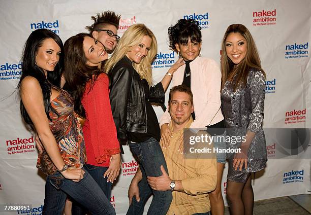 To R Alektra Blue, Kristen Price, Michelle Aston, Jessica Drake, Michael Grecco, Carmen Hart, and Nautica Thorn pose for photos at The Naked Ambition...