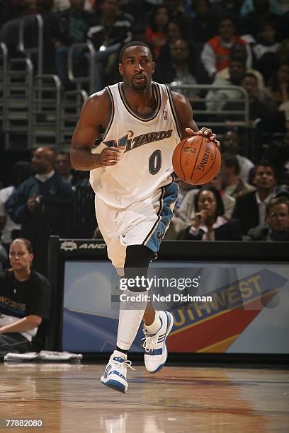 Gilbert Arenas of the Washington Wizards drives the ball upcourt during the game against the Orlando Magic on November 3, 2007 at the Verizon Center...