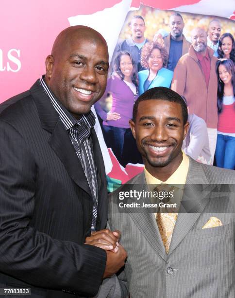 Athlete Earvin "Magic" Johnson and son Andre Johnson arrives at the "This Christmas" world premiere at the Cinerama Dome on November 12, 2007 in...