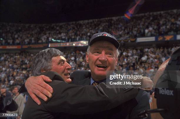 Canadian ice hockey coach Larry Robinson of the New Jersey Devils celebrates his team's victory over the Dallas Cowboys in the Stanley Cup final,...