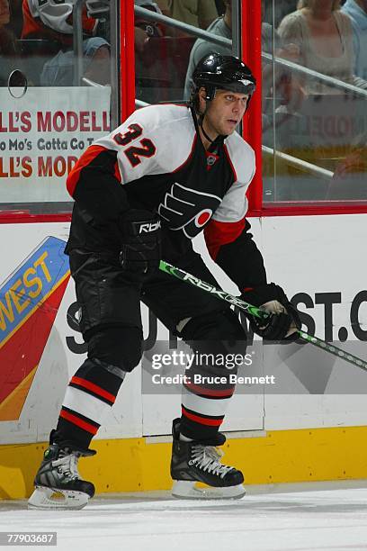 Riley Cote of the Philadelphia Flyers skates against the New Jersey Devils on October 18, 2007 at the Wachovia Center in Philadelphia, Pennsylvania.