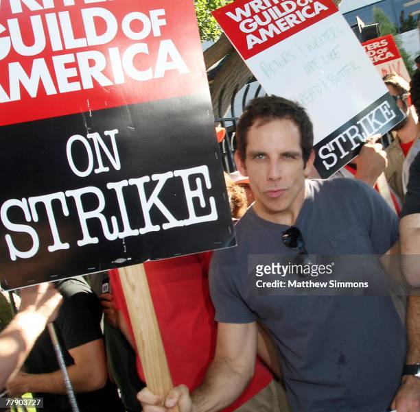 Actor Ben Stiller pickets in support of the Writers Guild of America which is currently on-strike for increased residuals from film and television...
