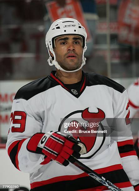 Johnny Oduya of the New Jersey Devils wiats for the faceoff against the Philadelphia Flyers on October 18, 2007 at the Wachovia Center in...