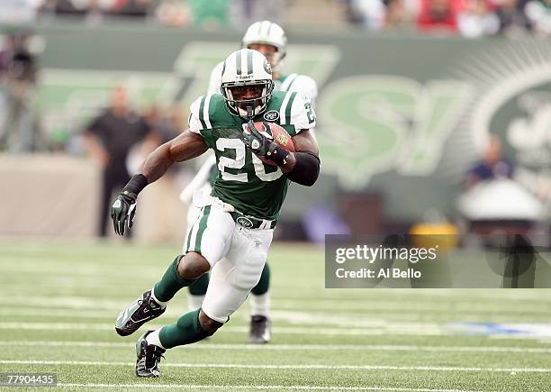 Thomas Jones of the New York Jets carries the ball against the Washington Redskins during their game on November 4, 2007 at Giants Stadium in East...