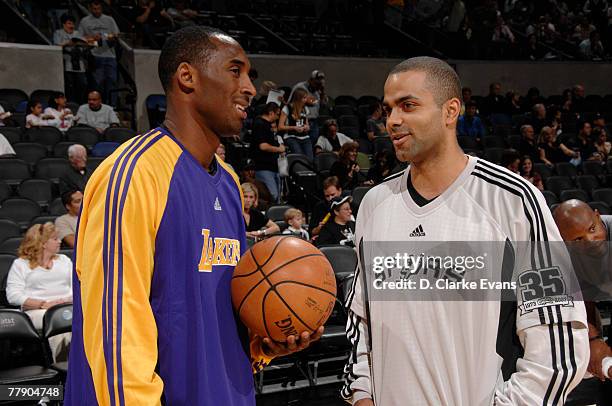 Tony Parker of the San Antonio Spurs talks with Kobe Bryant of the Los Angeles Lakers before the game on November 13, 2007 at the AT&T Center in San...