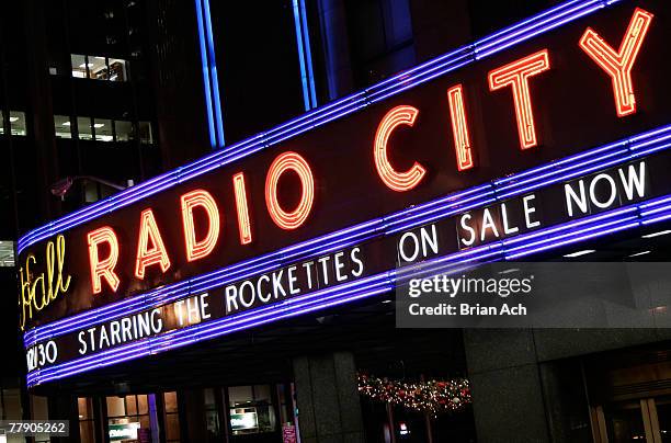 Signage at the 75th Season of the Radio City Christmas Spectacular opening night on November 13 at Radio City Music Hall in New York City.