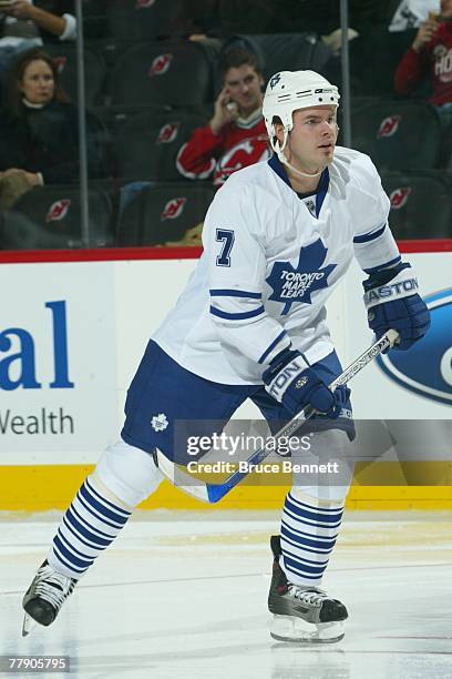 Ian White of the Toronto Maple Leafs skates during the NHL game against the New Jersey Devils at the Prudential Center on November 2, 2007 in Newark,...