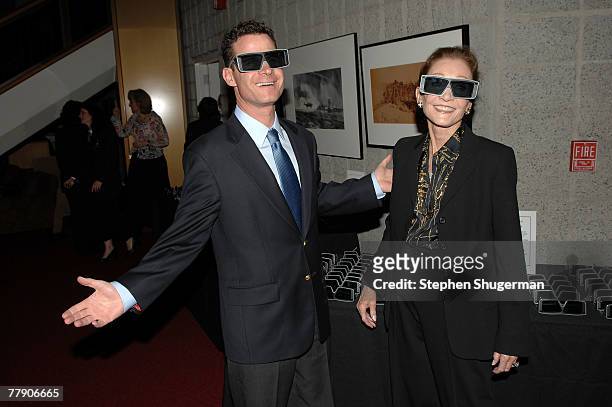 Members of actor John Wayne's family, Christopher Wayne and Gretchen Wayne pose wearing 3D glasses at AMPAS presents the premiere of the restored 3D...