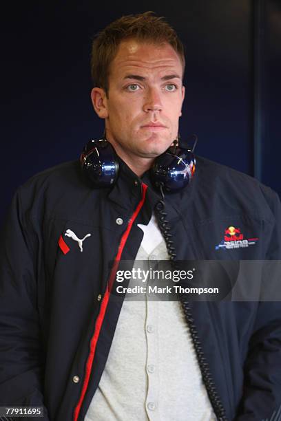 Robert Doornbos of the Nederlands and team Red Bull in the pits during Formua One Testing at the Circuit de Catalunya, on November 14, 2007 in...